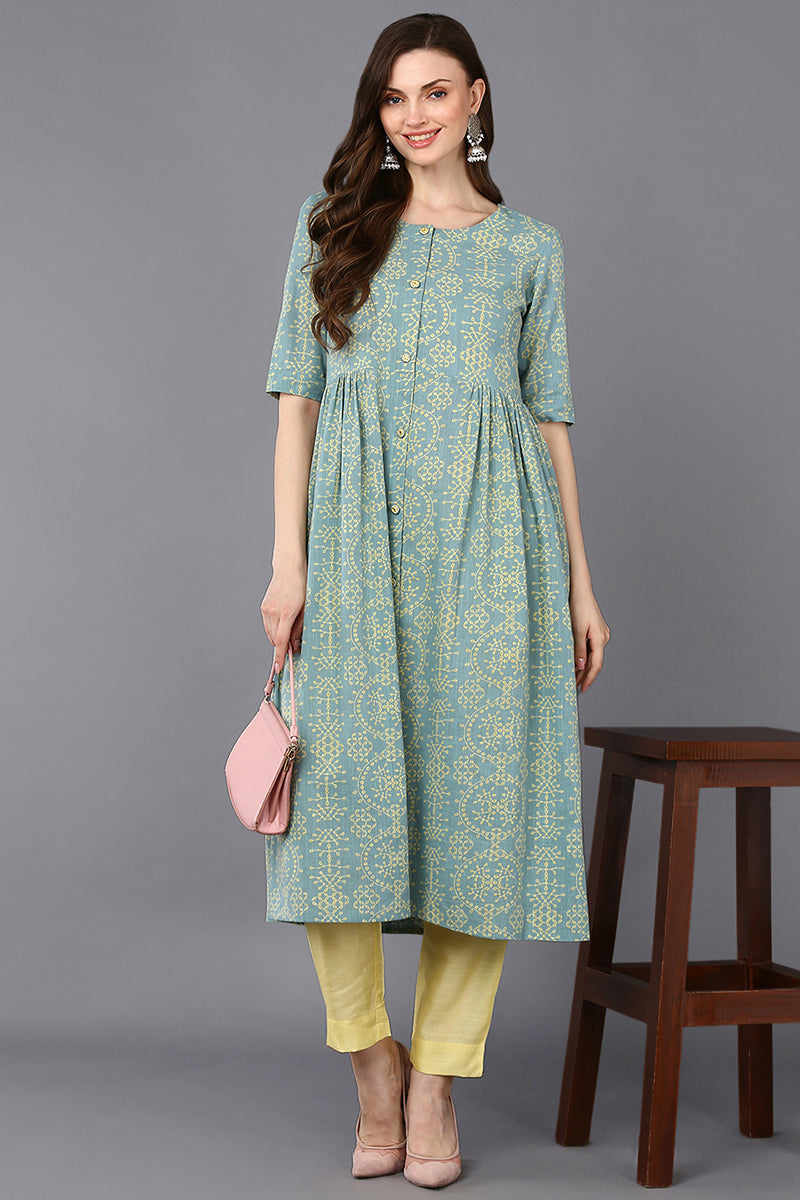 Cotton Aqua Green Printed Flared Kurta VCK9323