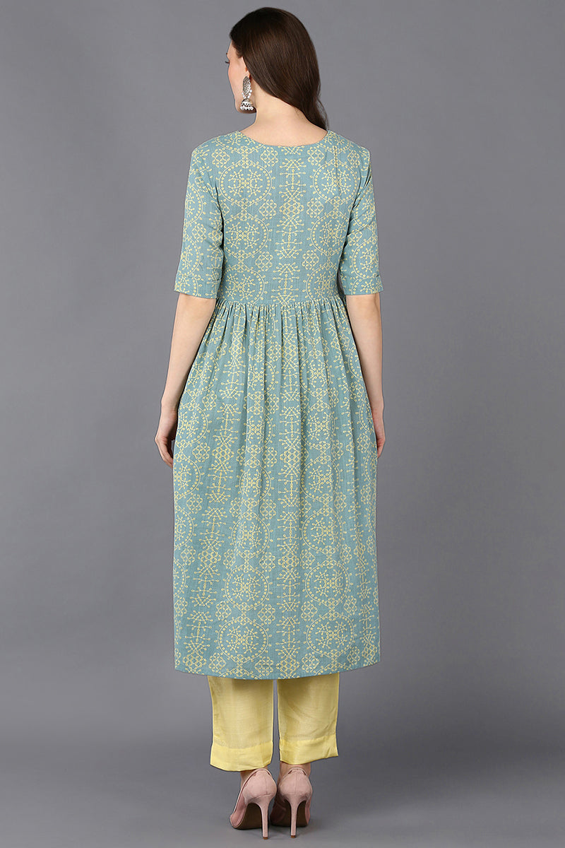 Cotton Aqua Green Printed Flared Kurta VCK9323