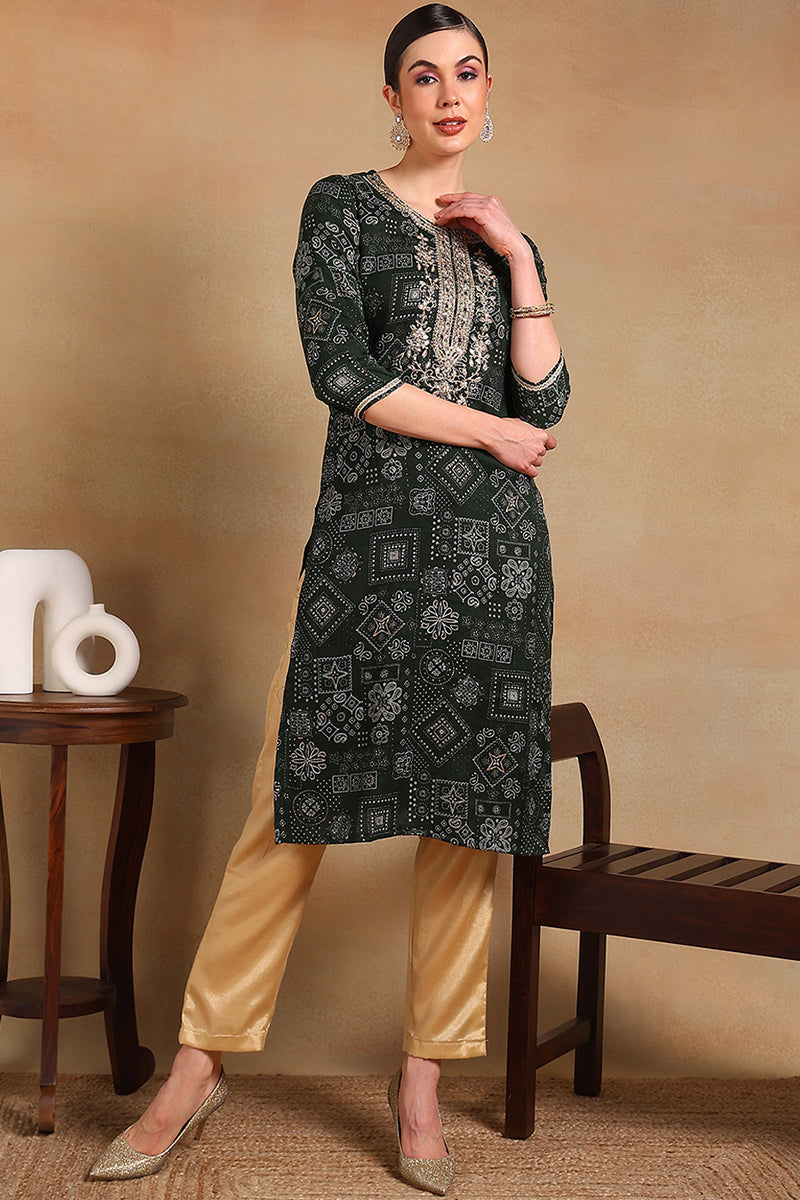 Green Silk Blend Ethnic Motifs Printed Straight Kurta VCK9337