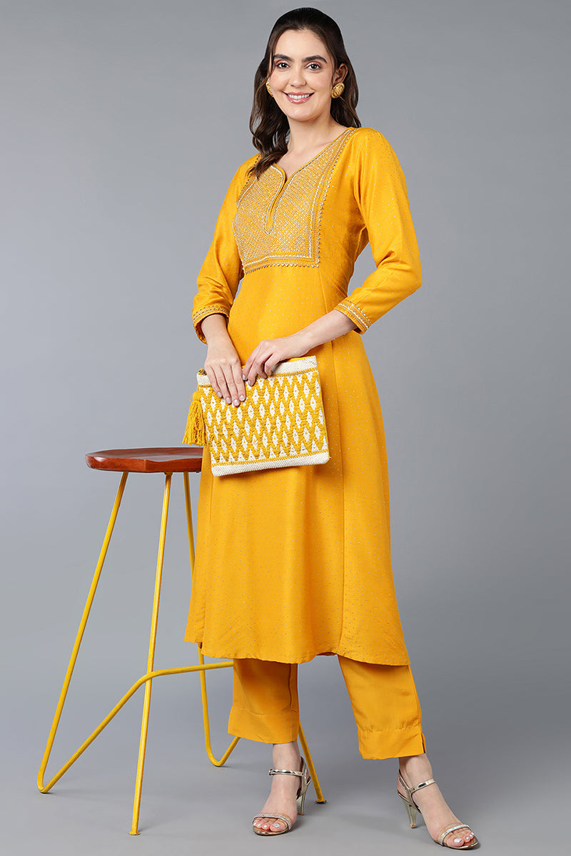Silk Blend Yellow Embroidered Flared Kurta VCK9356