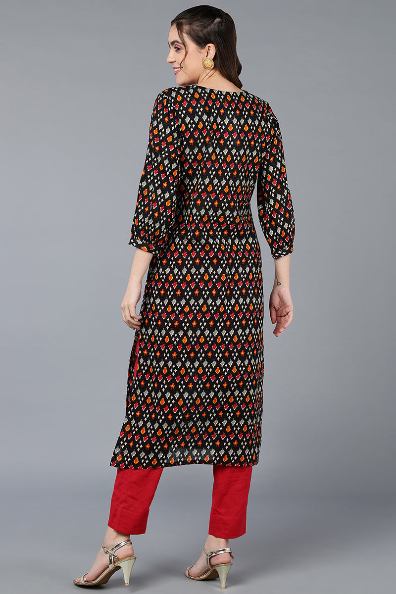 Cotton Black Ikat Printed Straight Kurta VCK9381