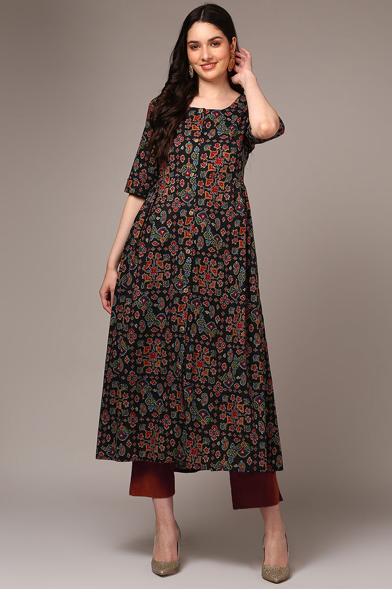 Black Cotton Ikat Printed Flared Kurta VCK9490