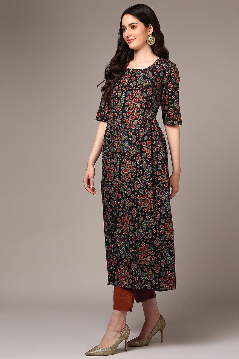 Black Cotton Ikat Printed Flared Kurta VCK9490