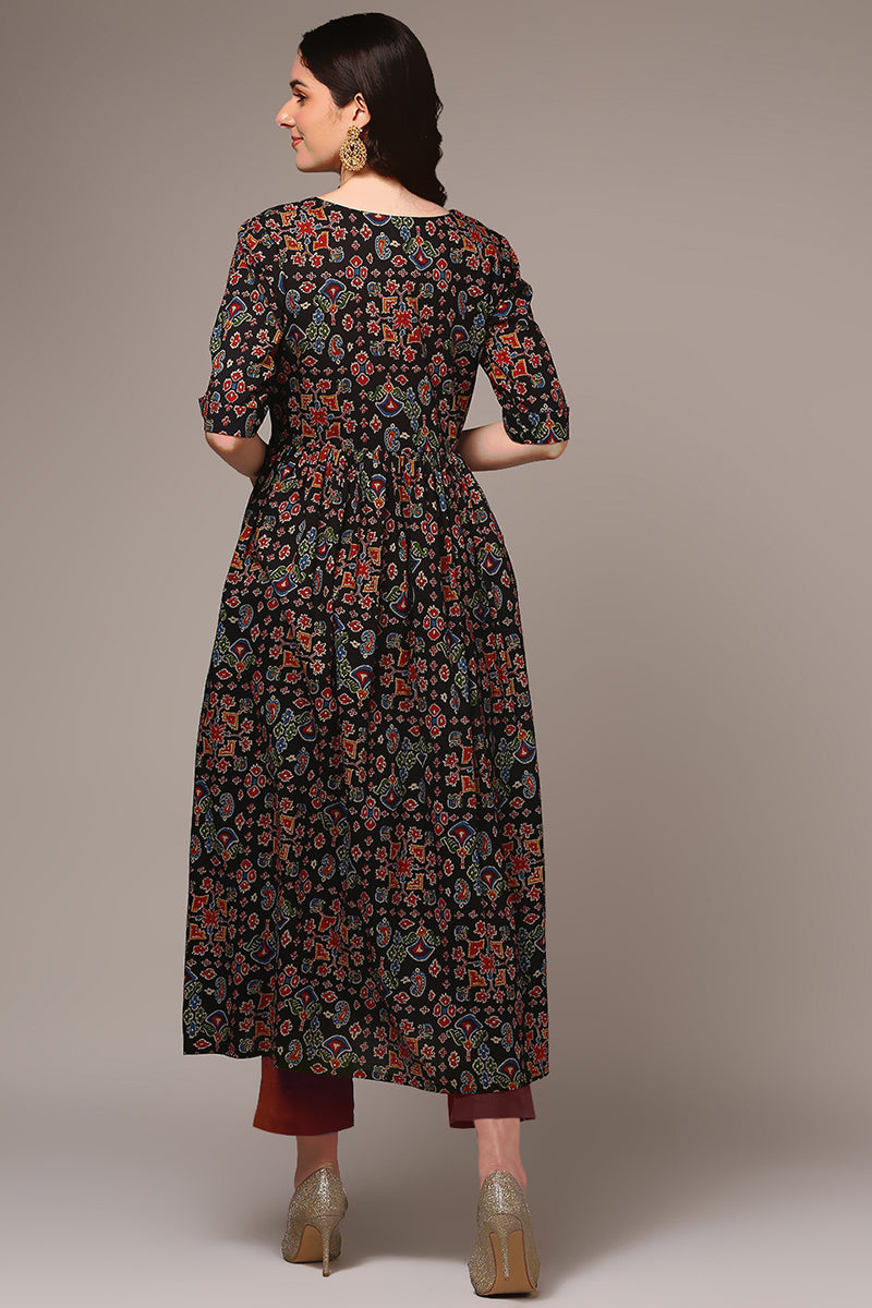 Black Cotton Ikat Printed Flared Kurta VCK9490