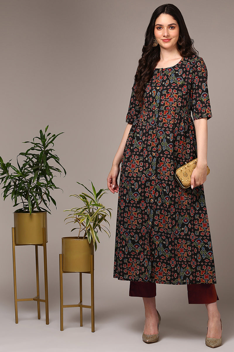 Black Cotton Ikat Printed Flared Kurta VCK9490
