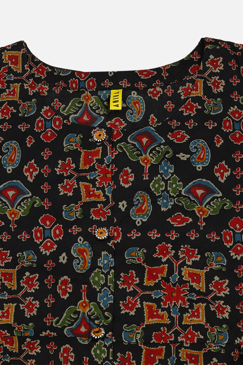 Black Cotton Ikat Printed Flared Kurta VCK9490