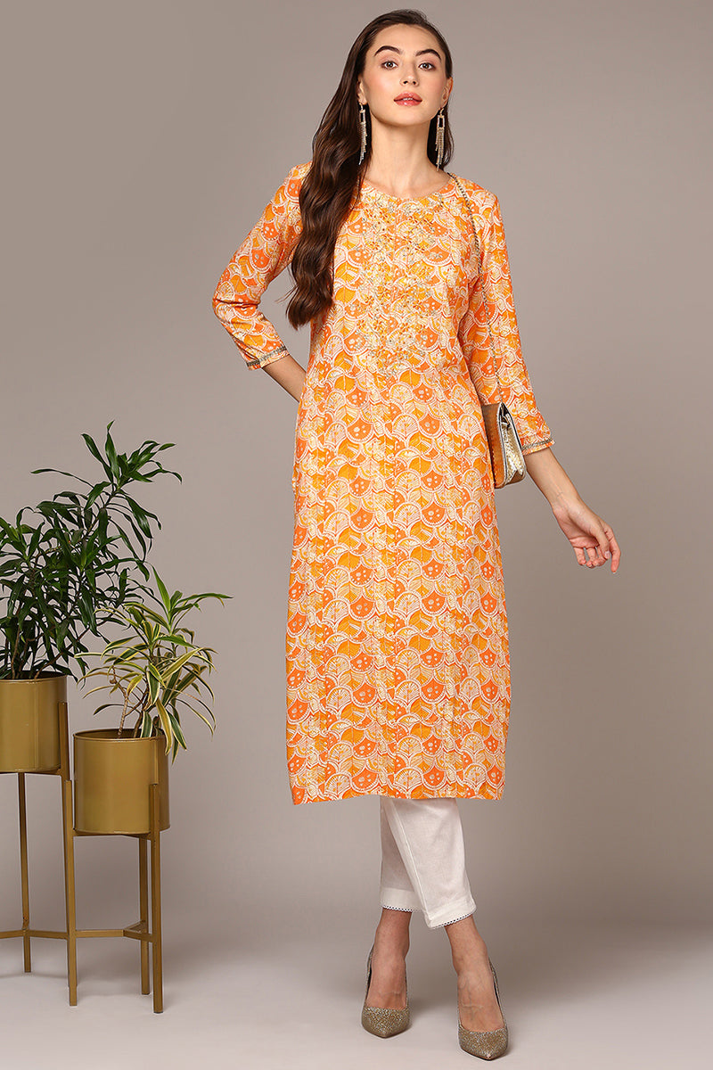 Orange Viscose Rayon Embroidered Kurta VCK9509