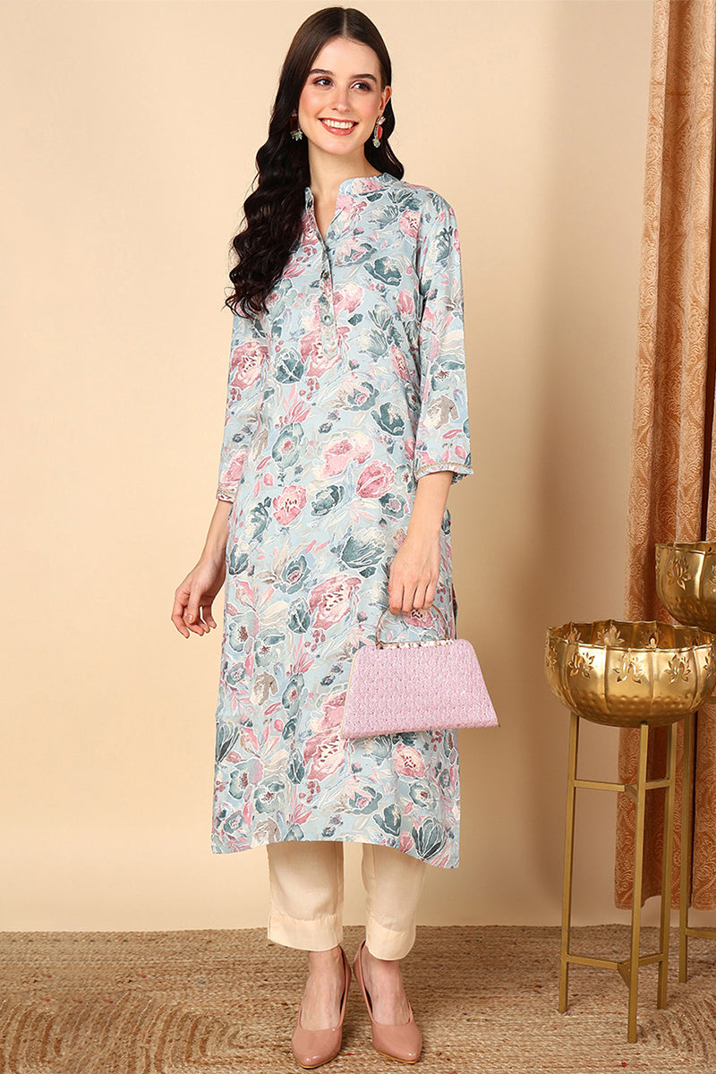 Blue Viscose Rayon Floral Printed Kurta VCK9518