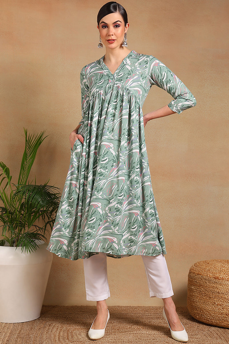 Green Viscose Rayon Floral Printed A-Line Kurta VCK9551