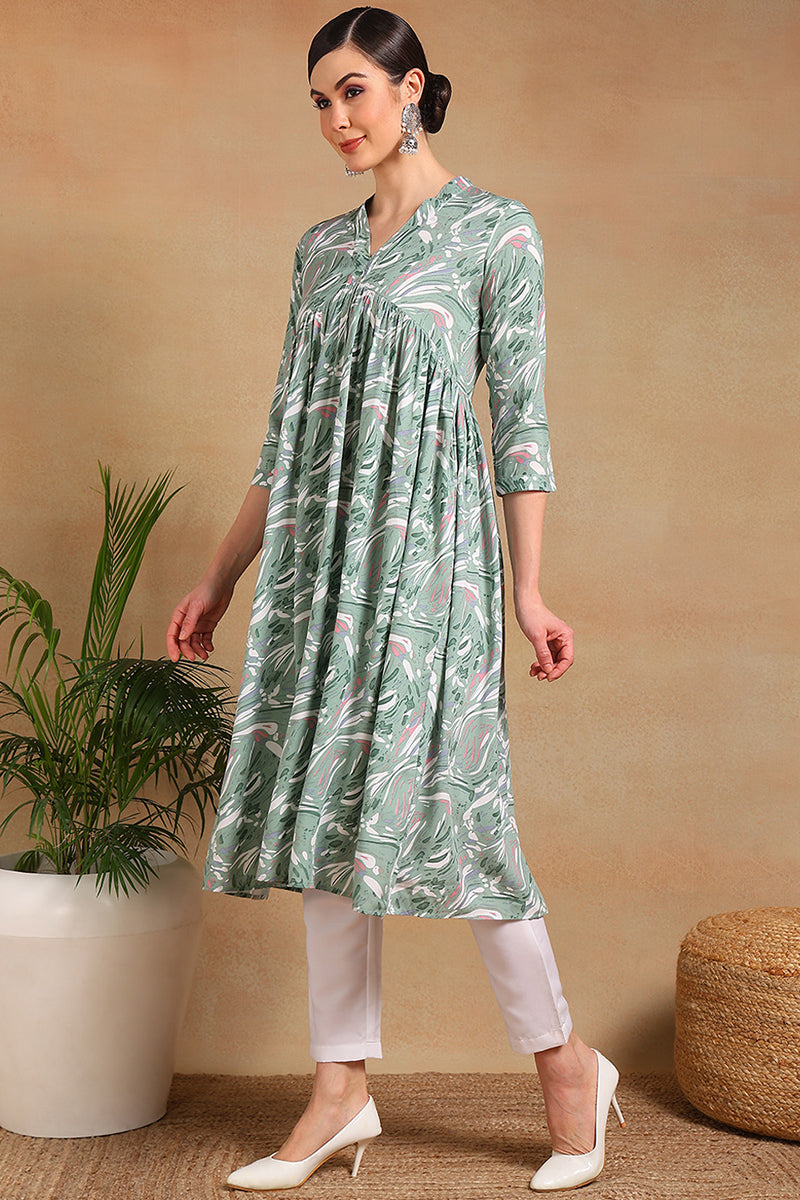 Green Viscose Rayon Floral Printed A-Line Kurta VCK9551