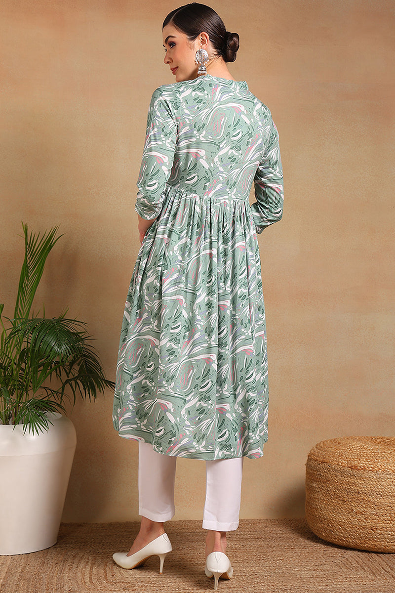 Green Viscose Rayon Floral Printed A-Line Kurta VCK9551