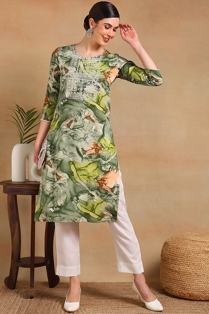 Green Cotton Blend Abstract Printed Straight Kurta VCK9563