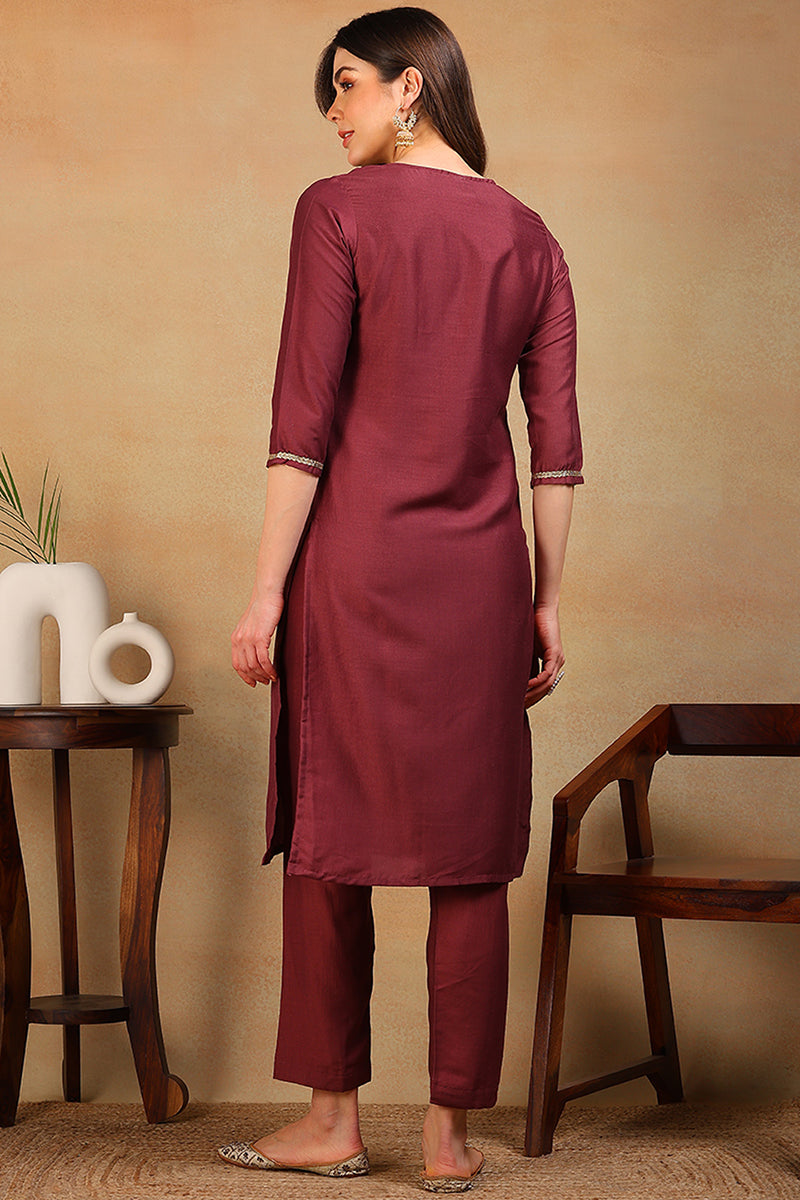 Maroon Silk Blend Solid Embroidered Straight Kurta VCK9580
