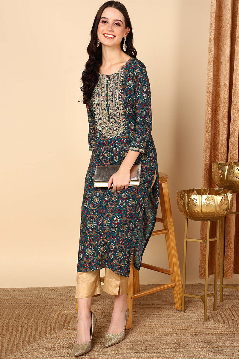 Blue Viscose Rayon Bandhani Printed Straight Kurta VCK9596