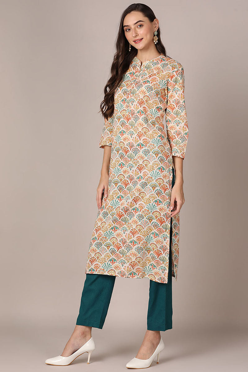 White Cotton Ethnic Motifs Printed Straight Kurta VCK9619