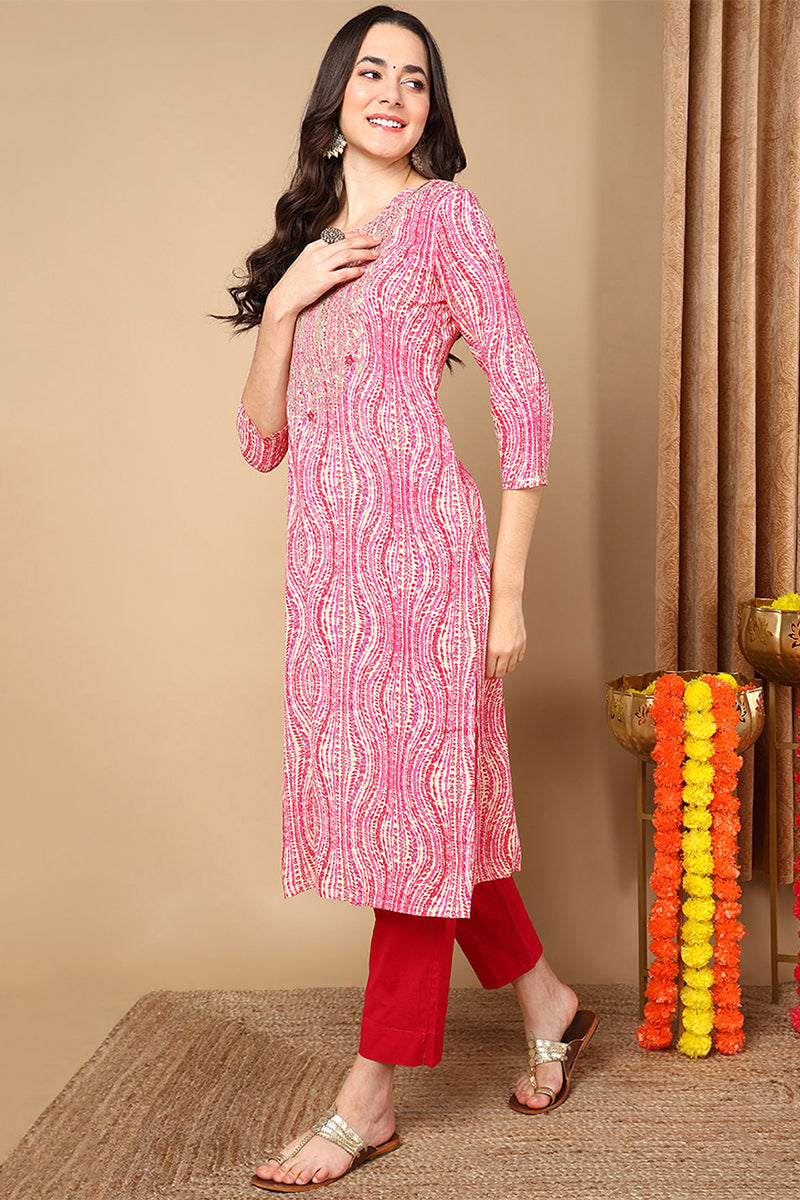 Plus Size Pink Viscose Rayon Abstract Printed Straight Kurta VCK9620