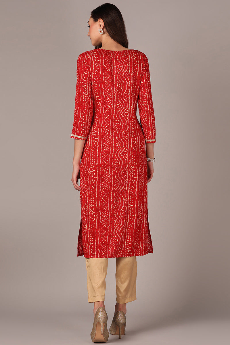 Plus Size Red Viscose Rayon Bandhani Embroidered Straight Kurta VCK9624