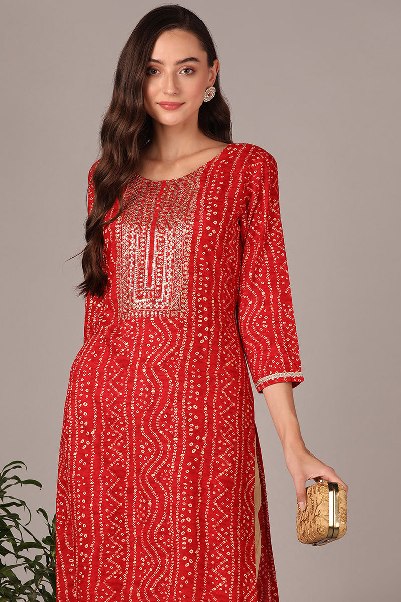 Plus Size Red Viscose Rayon Bandhani Embroidered Straight Kurta VCK9624