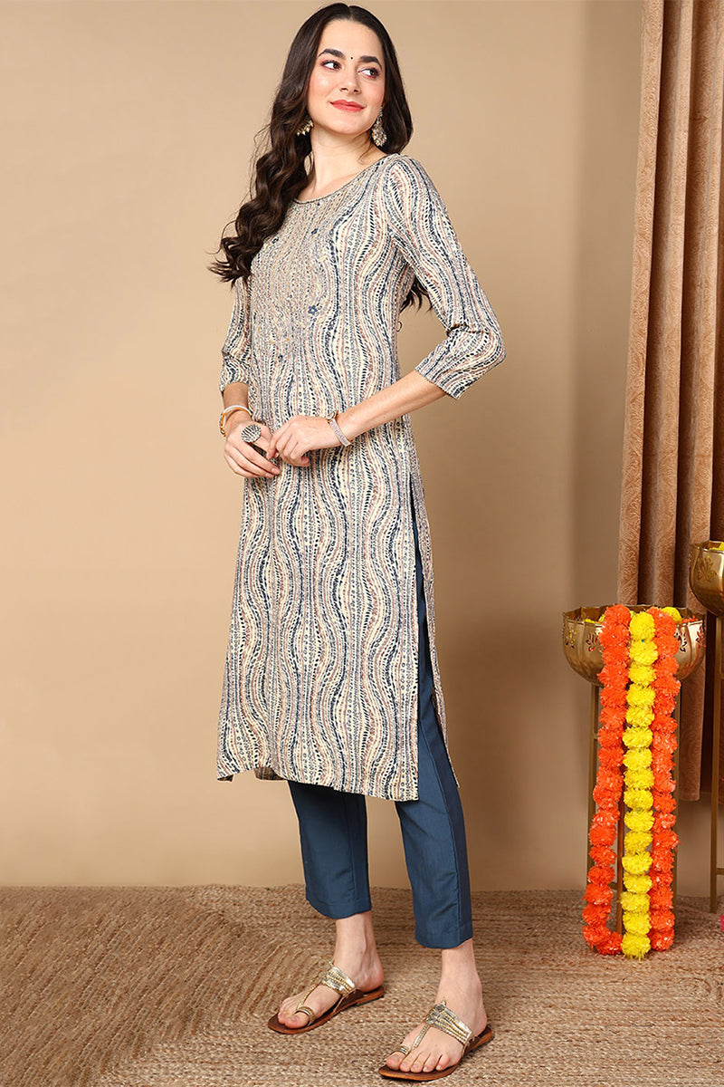 Plus Size Beige Viscose Rayon Abstract Printed Straight Kurta VCK9634
