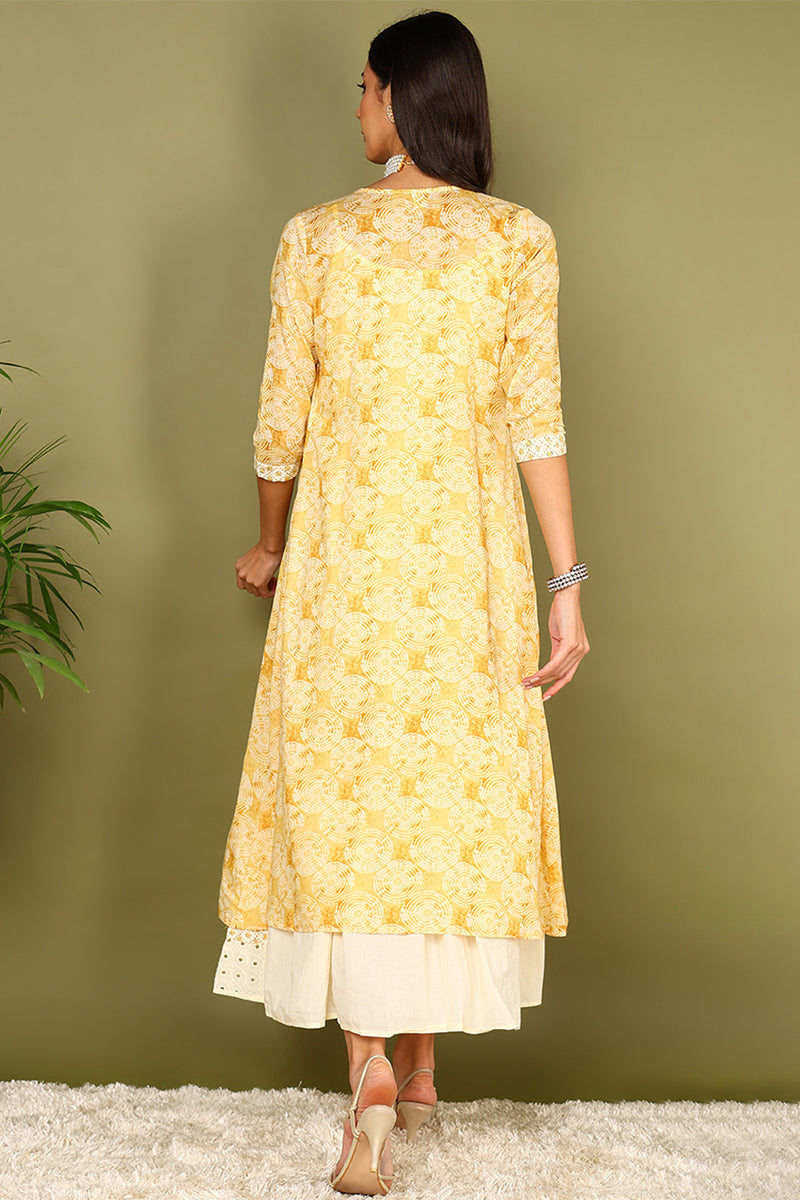 Yellow Cotton Geometric Printed Embroidered A-Line Dress With Shrug VCK9663