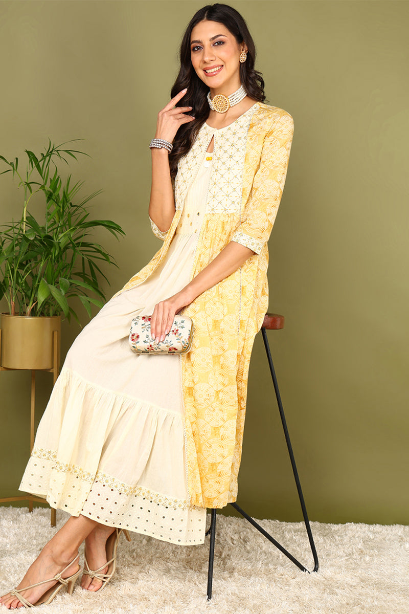 Yellow Cotton Geometric Printed Embroidered A-Line Dress With Shrug VCK9663