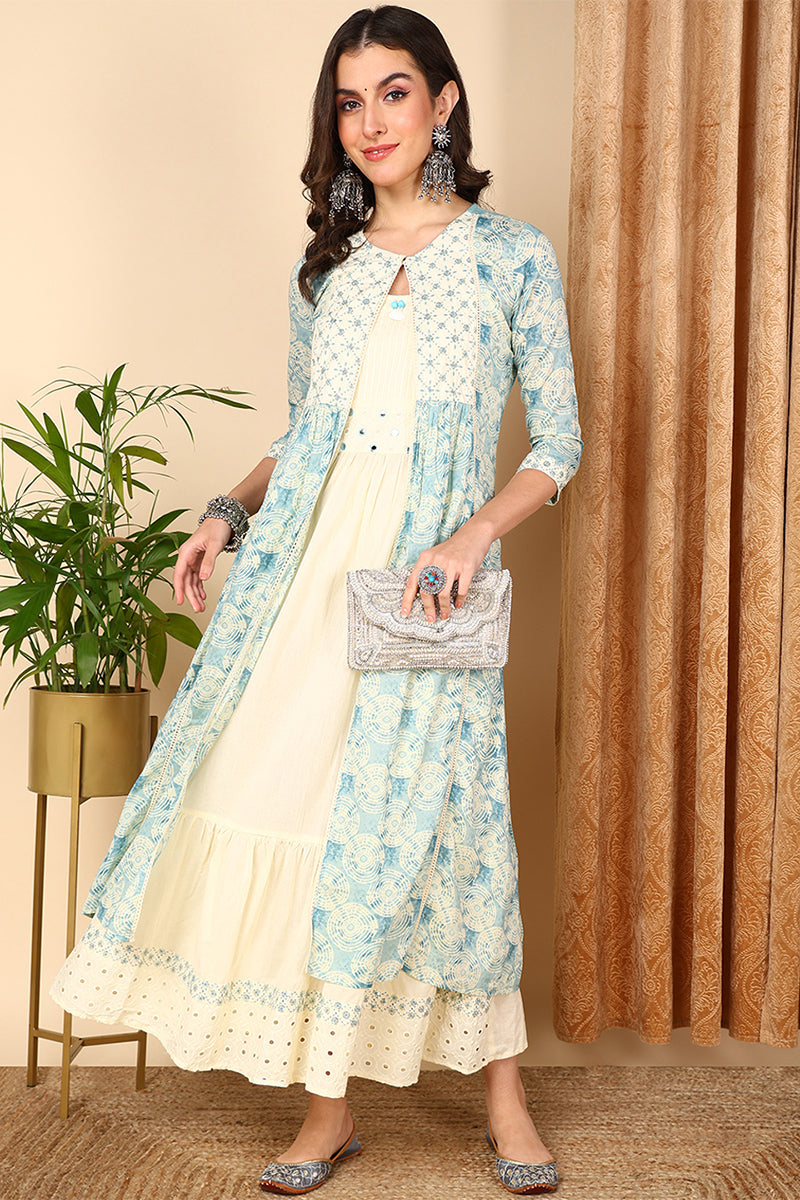 Blue Cotton Geometric Embroidered Flared Dress With Shrug VCK9664