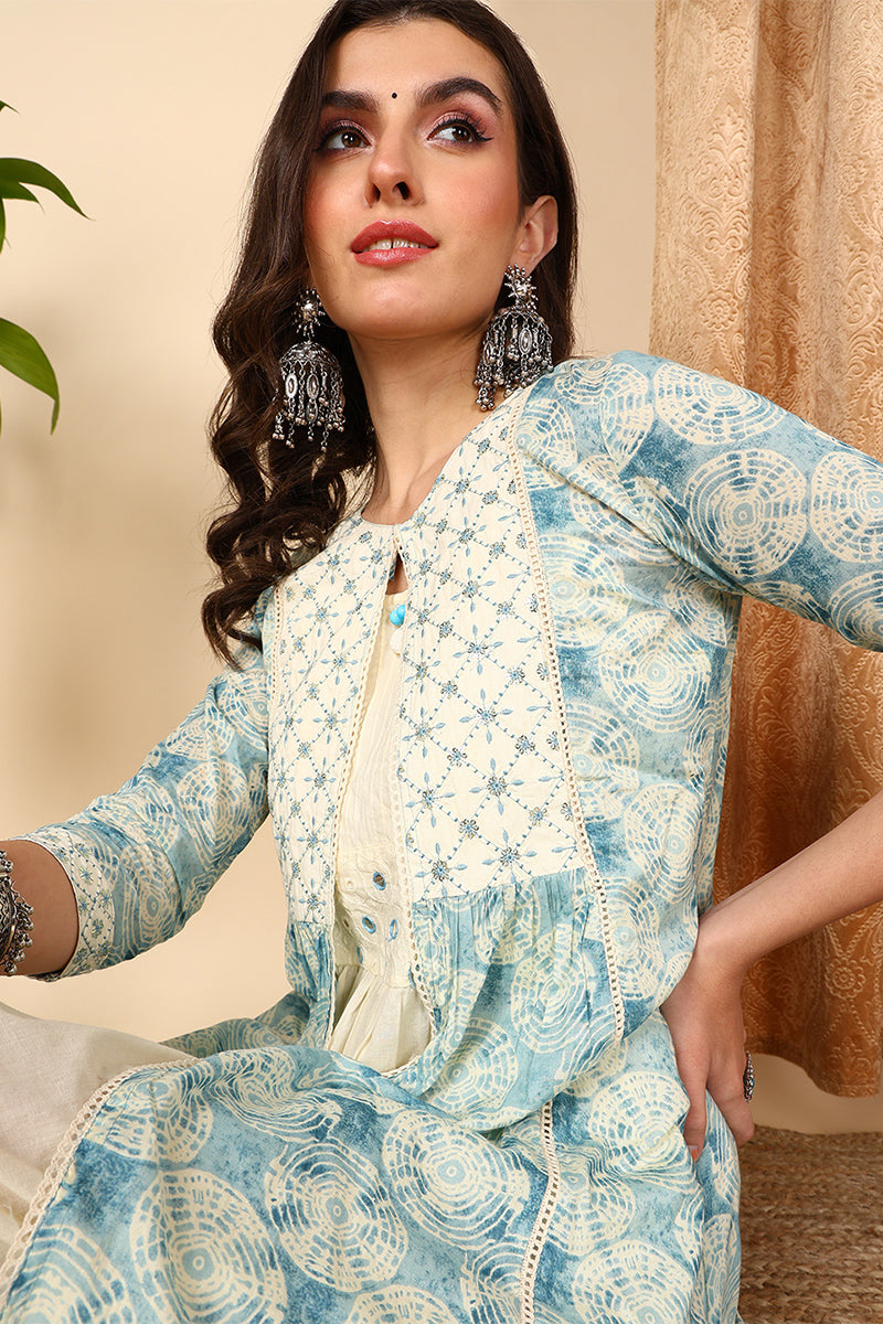 Blue Cotton Geometric Embroidered Flared Dress With Shrug VCK9664