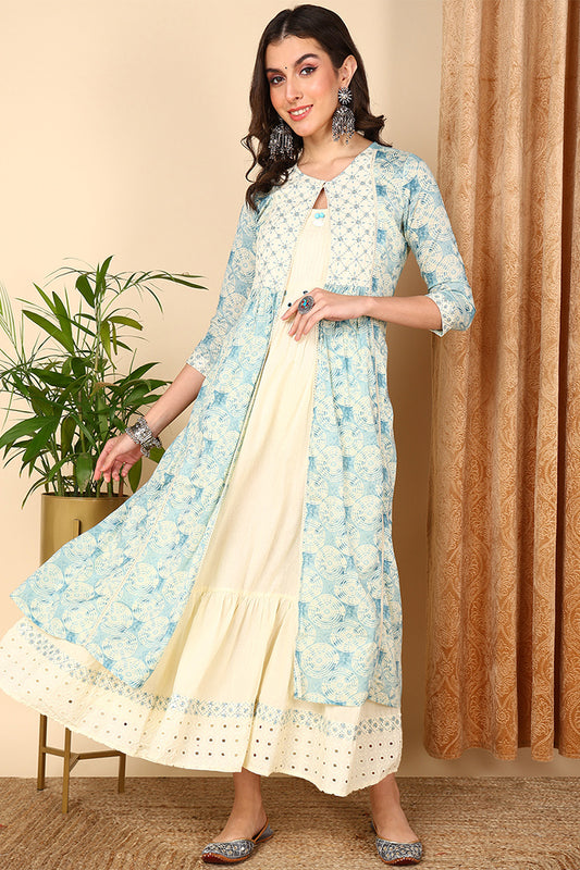 Blue Cotton Geometric Embroidered Flared Dress With Shrug VCK9664