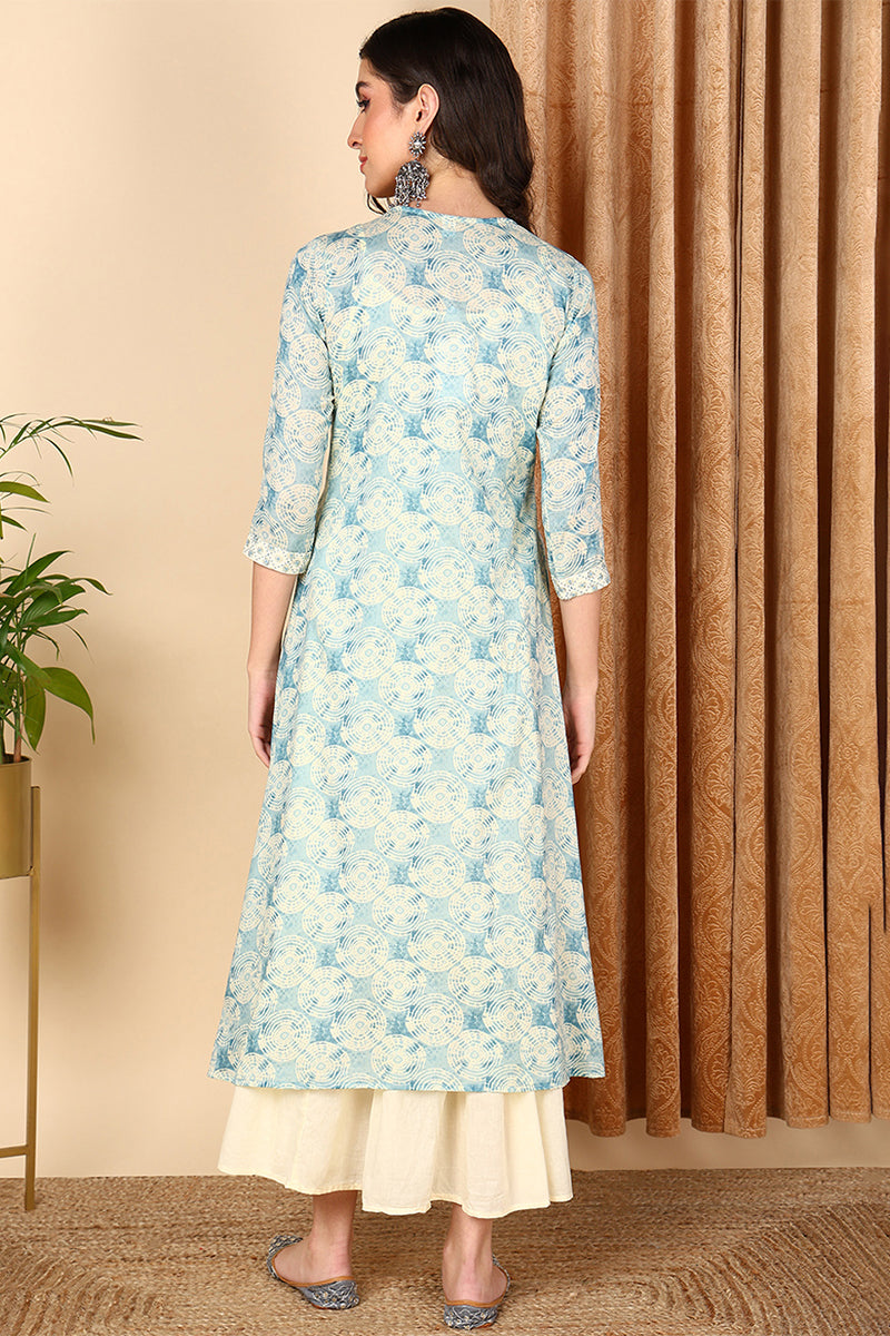 Blue Cotton Geometric Embroidered Flared Dress With Shrug VCK9664