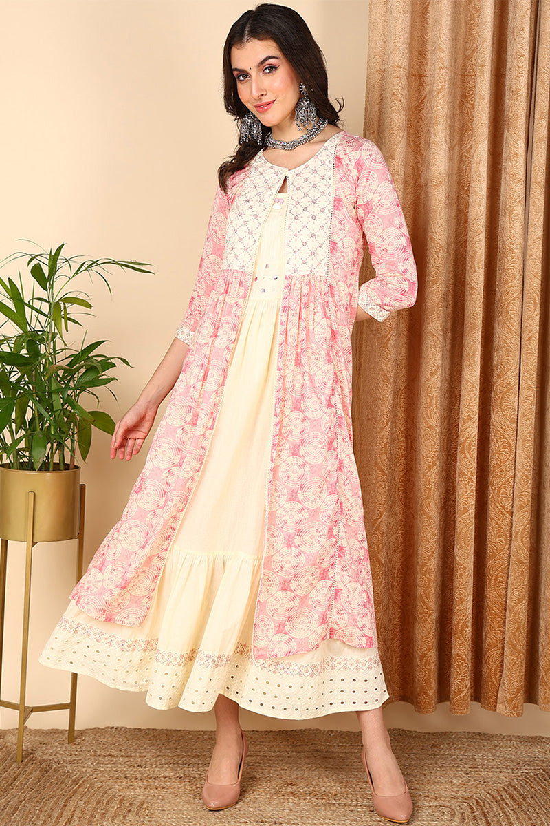 Pink Cotton Geometric Embroidered Flared Dress With Shrug VCK9666