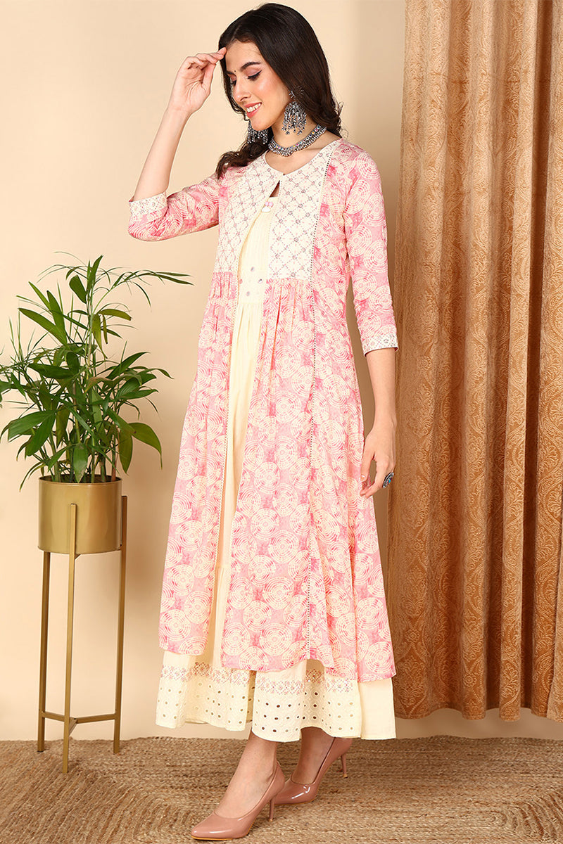 Pink Cotton Geometric Embroidered Flared Dress With Shrug VCK9666