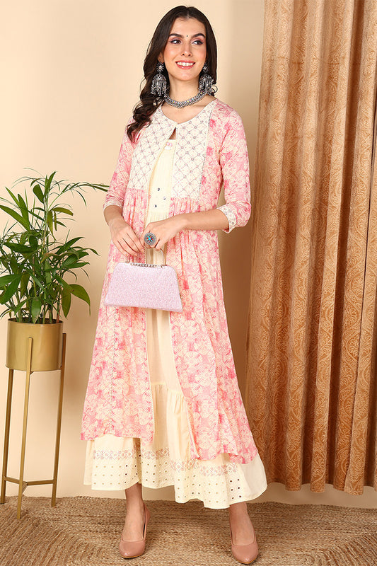 Pink Cotton Geometric Embroidered Flared Dress With Shrug VCK9666