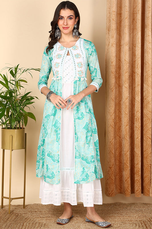 Turquoise Blue Cotton Ethnic Motifs Embroidered Flared Dress With Shrug VCK9667