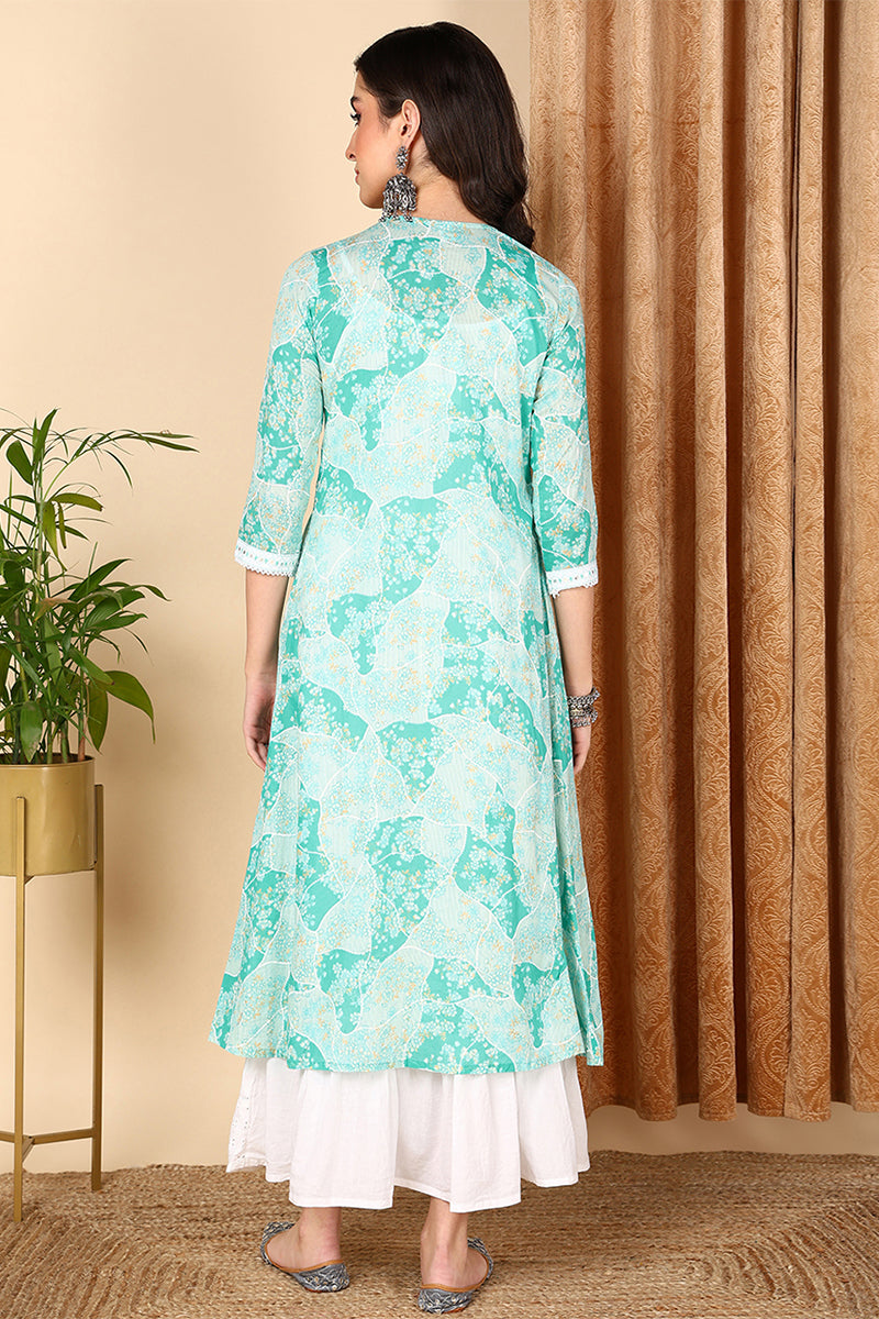 Turquoise Blue Cotton Ethnic Motifs Embroidered Flared Dress With Shrug VCK9667