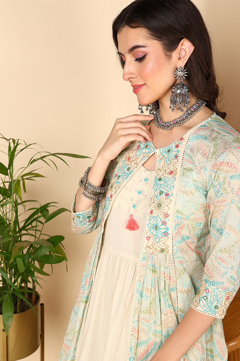 Beige Cotton Ethnic Motifs Embroidered Flared Kurta VCK9669