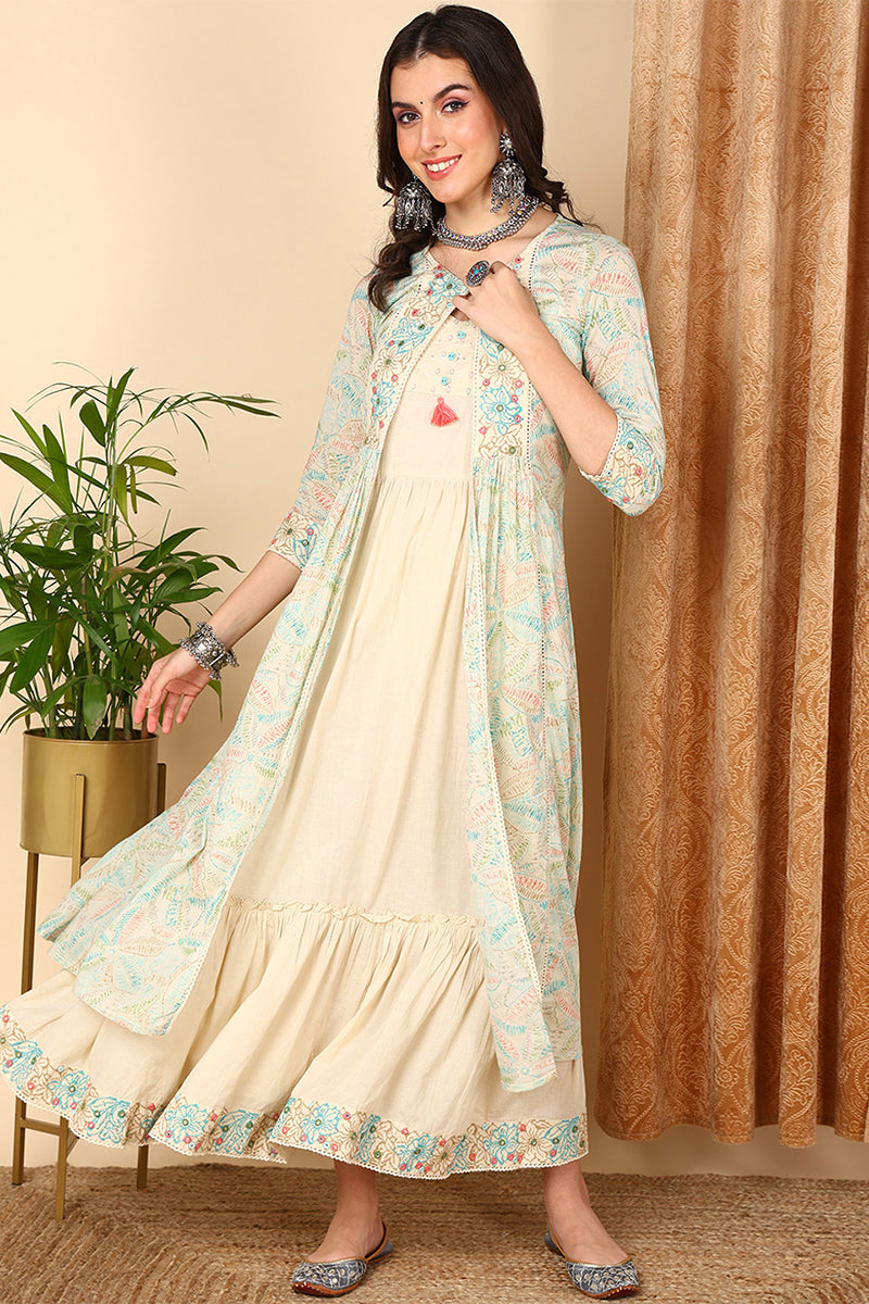 Beige Cotton Ethnic Motifs Embroidered Flared Kurta VCK9669