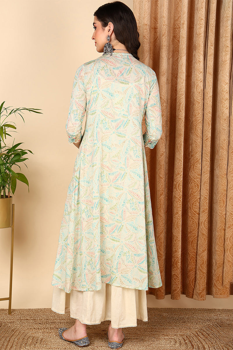 Beige Cotton Ethnic Motifs Embroidered Flared Kurta VCK9669