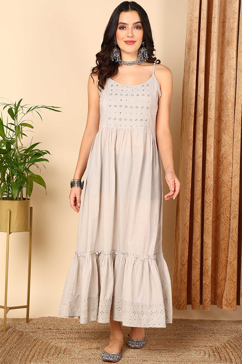 Grey Cotton Ethnic Motifs Embroidered Flared Kurta VCK9670
