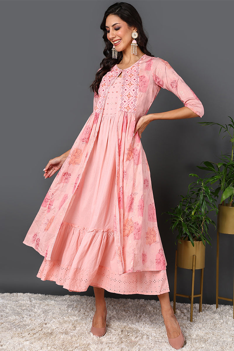 Pink Cotton Embroidered Ethnic Motifs Flared Dress With Shrug VCK9671