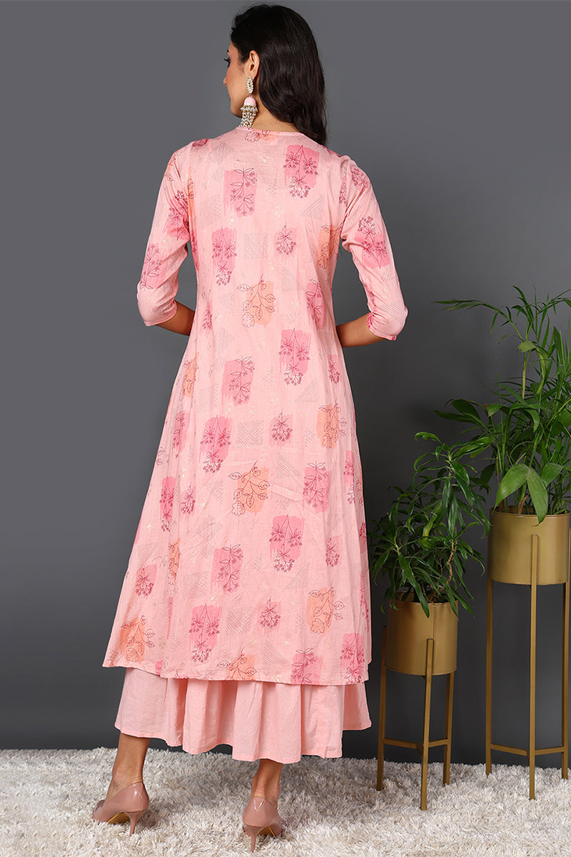 Pink Cotton Embroidered Ethnic Motifs Flared Dress With Shrug VCK9671