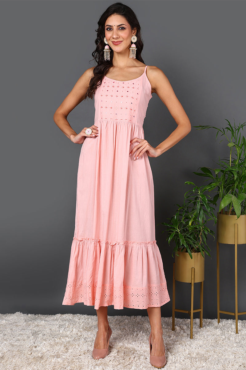 Pink Cotton Embroidered Ethnic Motifs Flared Kurta VCK9671
