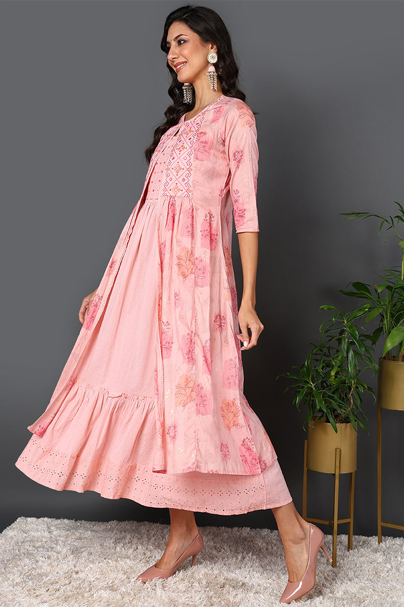 Pink Cotton Embroidered Ethnic Motifs Flared Dress With Shrug VCK9671