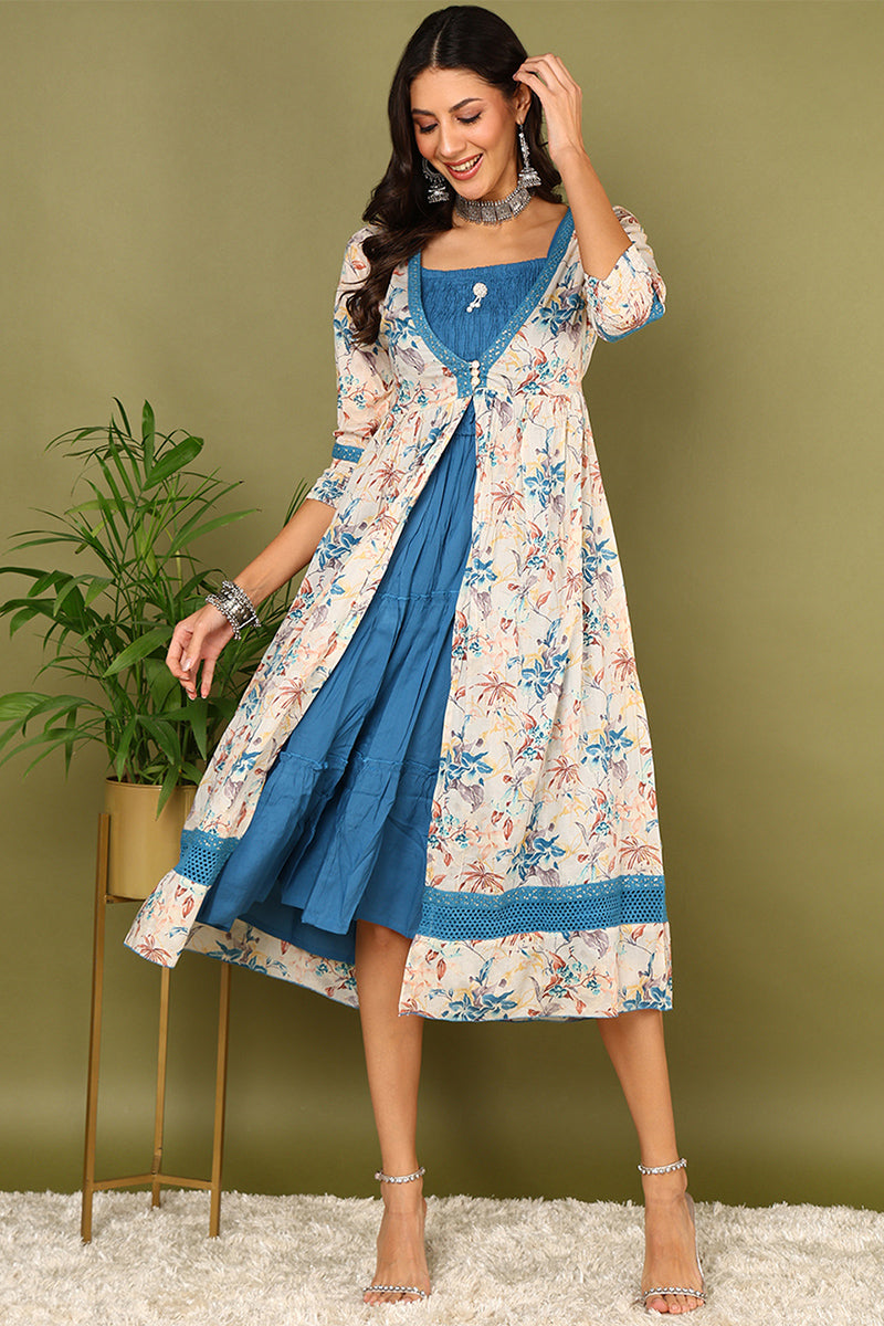 Off White Cotton Floral Printed Dress With Shrug VCK9678 Ahika