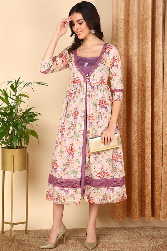 Off White Cotton Floral Printed Flared Dress With Shrug VCK9679