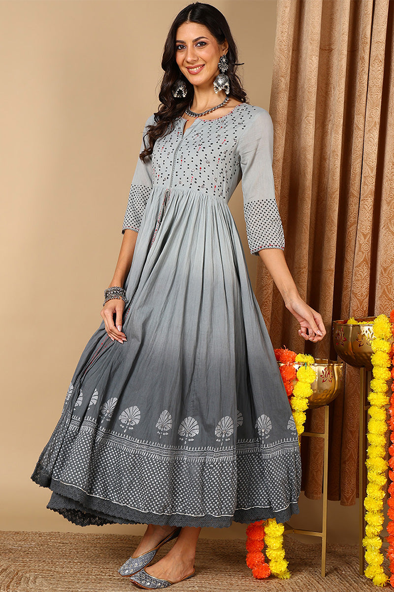 Grey Cotton Ethnic Motifs Printed Anarkali Kurta VCK9680