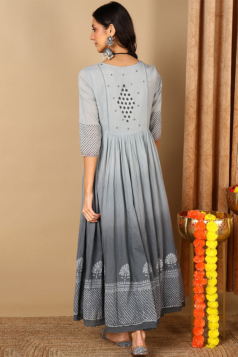 Grey Cotton Ethnic Motifs Printed Anarkali Kurta VCK9680