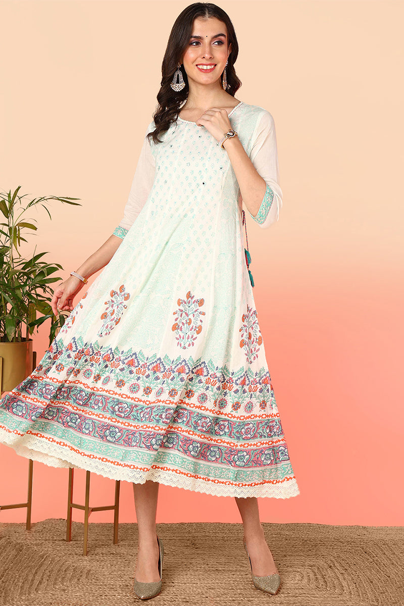 Off White Cotton Floral Printed Flared Anarkali Kurta VCK9681