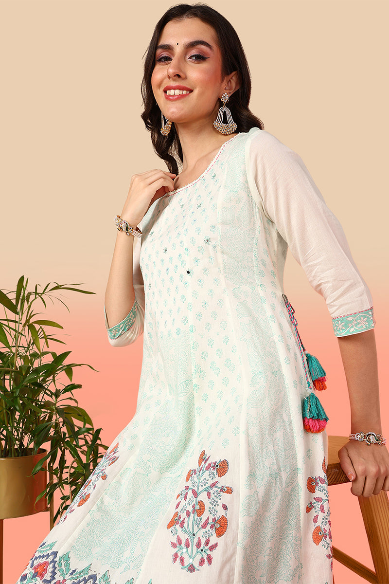 Off White Cotton Floral Printed Flared Anarkali Kurta VCK9681
