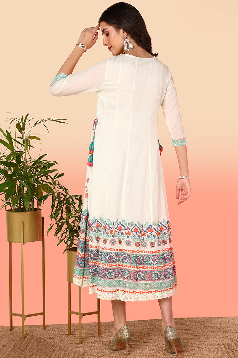 Off White Cotton Floral Printed Flared Anarkali Kurta VCK9681