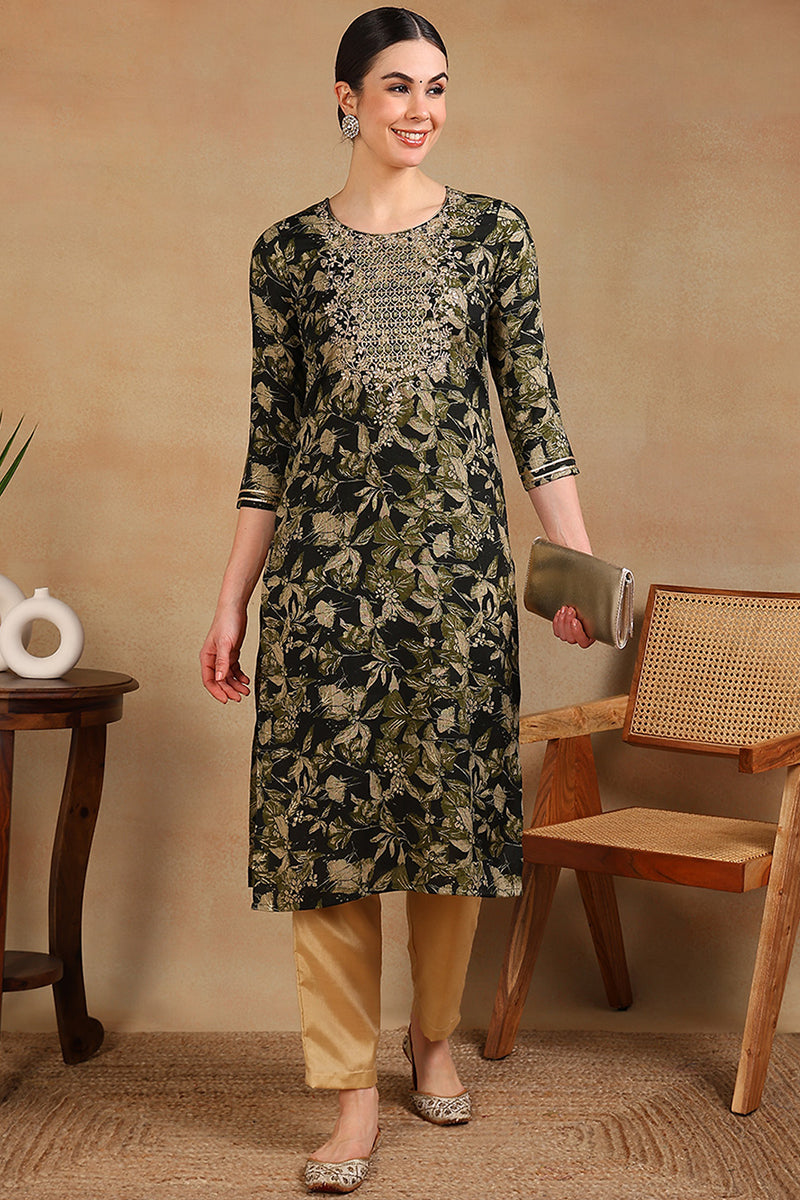 Green Silk Blend Floral Printed Straight Kurta VCK9697
